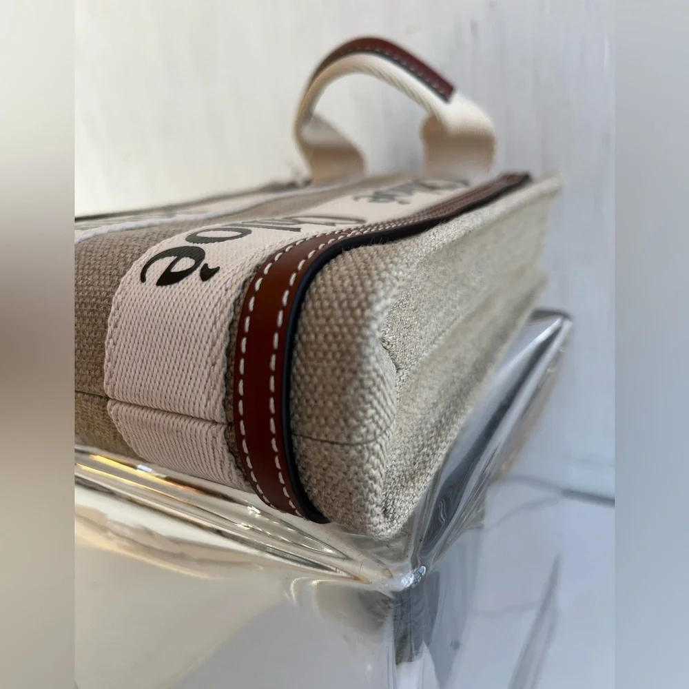 Chloé Mini Woody Linen Canvas North/South Tote- White-Brown
